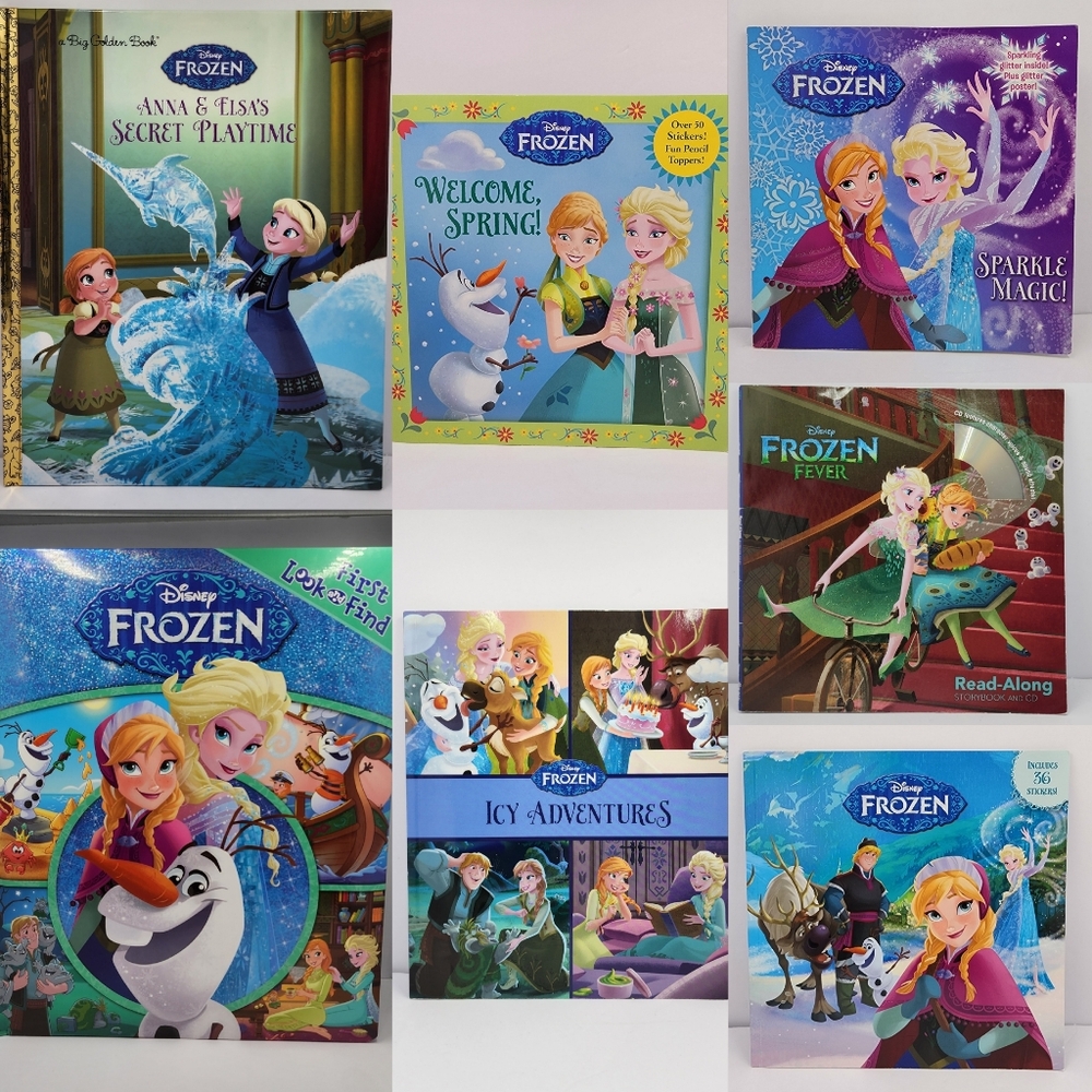 7 Disney FROZEN Books Set: 2 Oversized • 1 w/read Along CD • 2 w/Stickers •CLEAN